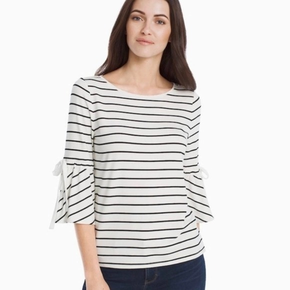 WHBM Bell‎ Sleeves Striped Ribbon 🎀 tie sleeves Blouse sz M - Picture 1 of 11